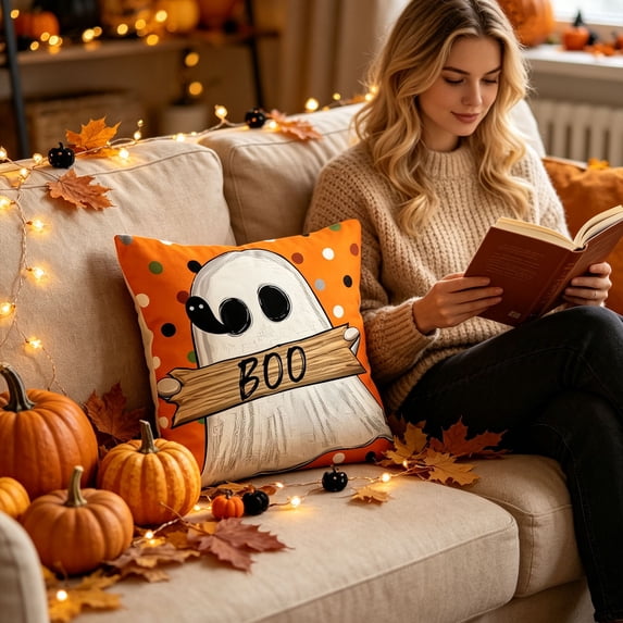 PiGOGI Halloween Ghost Pumpkin Pillow Covers Digital Print Throw Pillow Cases Festive Cushion Covers Soft Home Decor for Sofa Bedroom