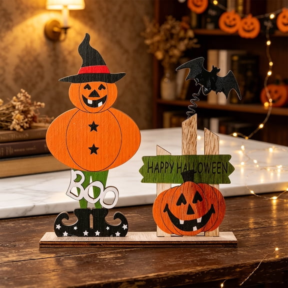 PiGOGI Halloween Wooden Tabletop Ornaments with Shaking Bats Spring Decor for Mantel Desk Party Centerpiece