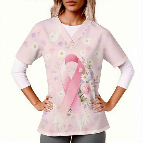 PiGOGI Healthcare Workwear Women's Nursing Uniforms Bow Ribbon Print Short Sleeve V-Neck Pocket Scrub Blouse Pink S