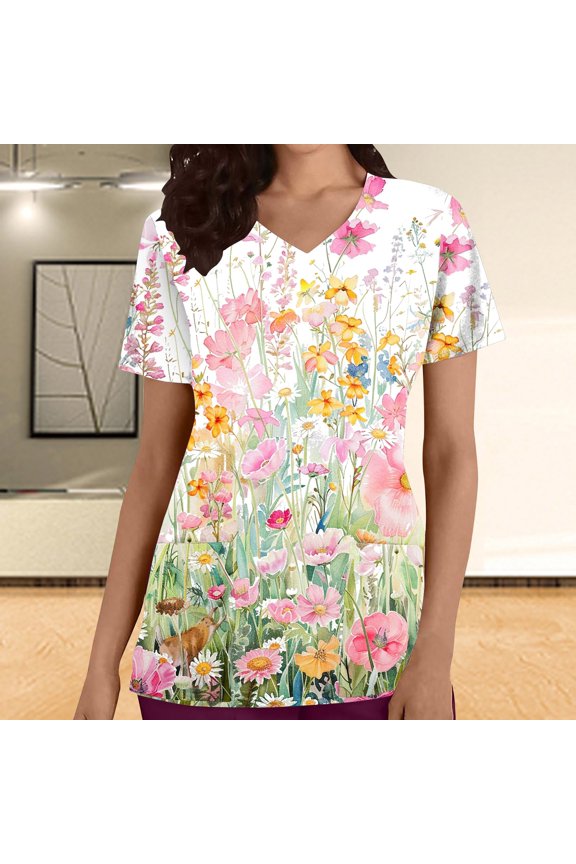 Healthcare Workwear Women's Nursing Uniforms Short Sleeve V-Neck Printed Pocket Top Casual Multicolor XL