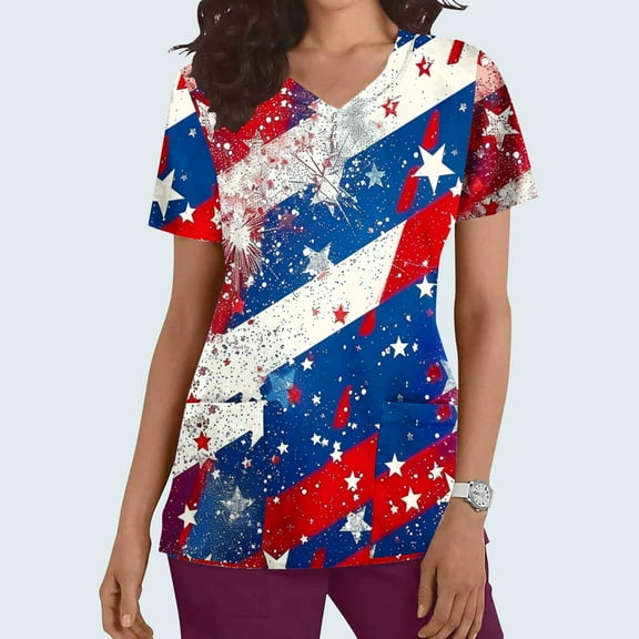 PiGOGI Healthcare Workwear Women's Nursing Uniforms Short Sleeve V-Neck Printed Pocket Work Tops Blue 2XL