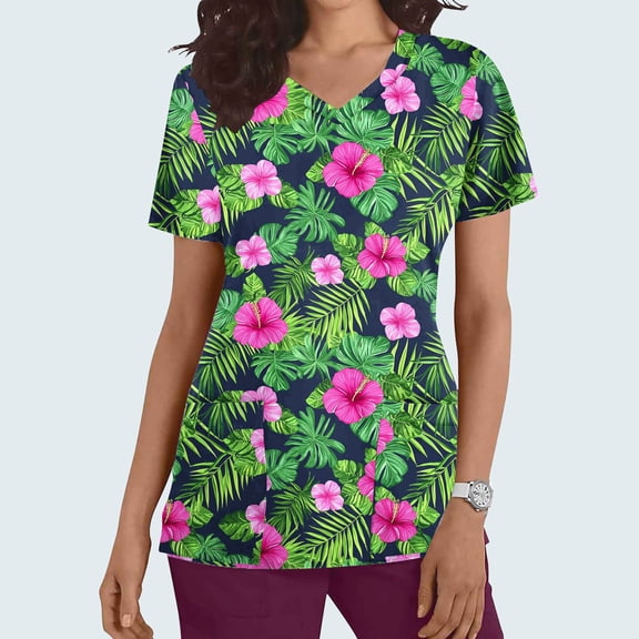 PiGOGI Healthcare Workwear Women's Nursing Uniforms Short Sleeve V-Neck Printed Pocket Work Tops Green S