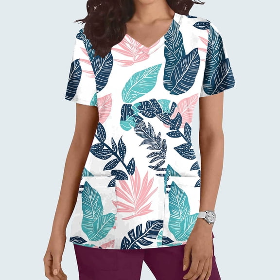 PiGOGI Healthcare Workwear Women's Nursing Uniforms Short Sleeve V-Neck Printed Pocket Work Tops Mint Green M