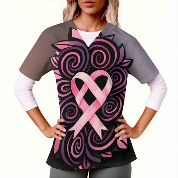 PiGOGI Healthcare Workwear Women's Nursing Uniforms V-Neck Short Sleeve Bow Ribbon Print Pocket Scrub Blouse Dark Gray S