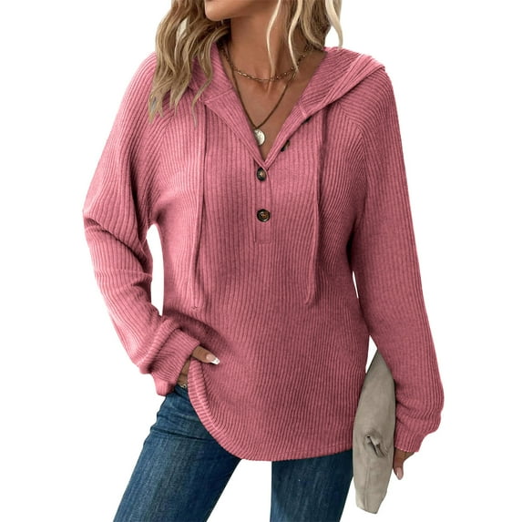 PiGOGI Hoodies for Women Knit Long Sleeve Drawstring Button V Neck Casual Pullover Sweatshirt Hooded Tops Pink XL