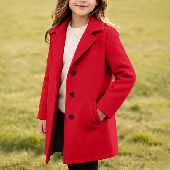PiGOGI Kids Double Breasted Wool Blend Pea Coat with Notched Lapel and Side Pockets Mid-Long Trench Overcoat Winter Outerwear for Children Red 4-5 Years