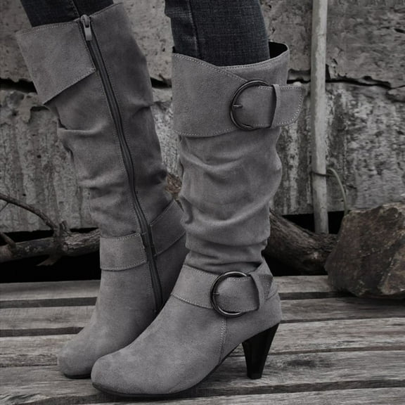 PiGOGI Knee High Boots for Women Fashion Buckle Strap Round Toe Mid Heel Suede Boots Casual Winter Comfortable Gray 42
