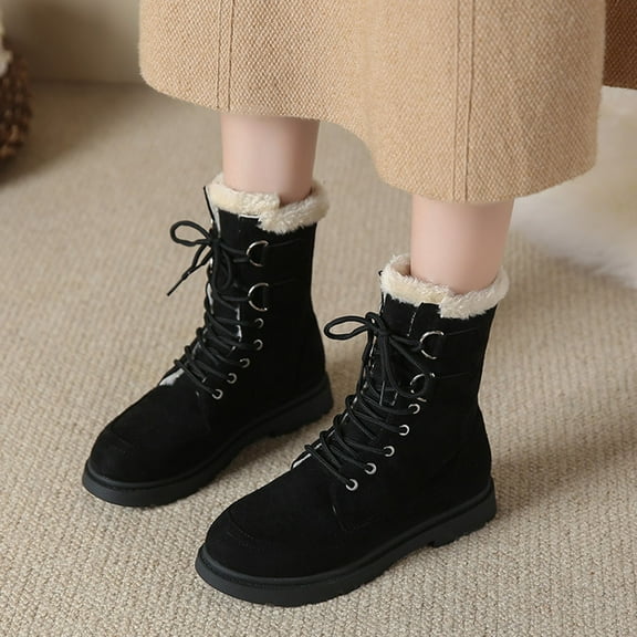 PiGOGI Lace Up Boots for Women Winter Classic Front Non-Slip Velvet Thickened Low-Top Shoes Casual Comfortable Warm Black 39
