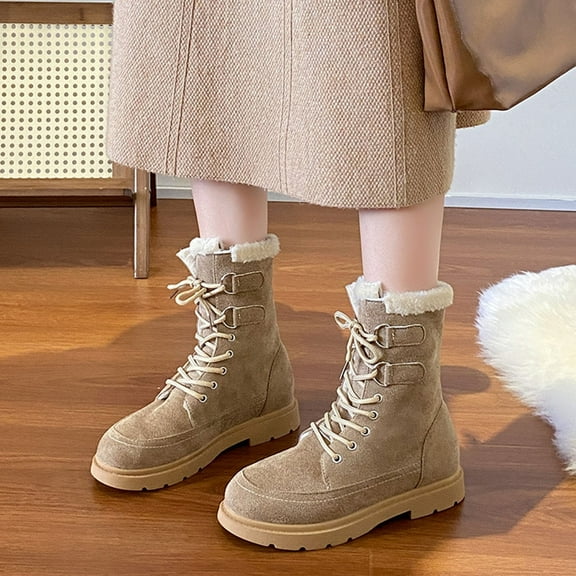 PiGOGI Lace Up Boots for Women Winter Classic Front Non-Slip Velvet Thickened Low-Top Shoes Casual Comfortable Warm Khaki 42