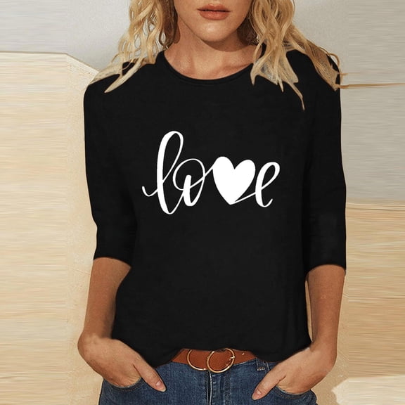 PiGOGI Ladies' 3/4 Sleeve Printed T-Shirt Round Neck - Plus Size Valentine's Day Loose Top Black 3XL