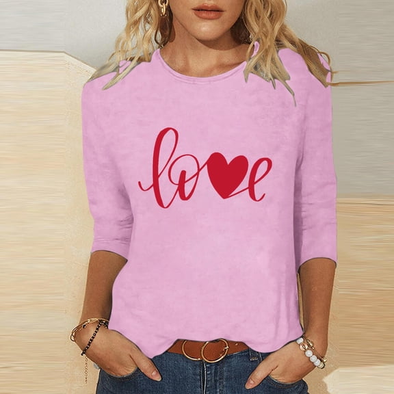 PiGOGI Ladies' 3/4 Sleeve Printed T-Shirt Round Neck - Plus Size Valentine's Day Loose Top Pink M