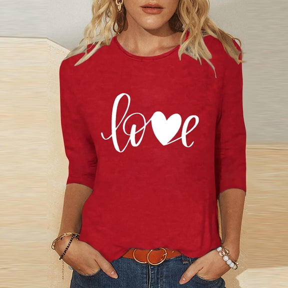 PiGOGI Ladies' 3/4 Sleeve Printed T-Shirt Round Neck - Plus Size Valentine's Day Loose Top Red XL