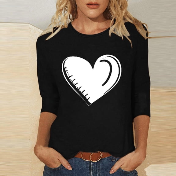 PiGOGI Ladies' Heart Printed 3/4 Sleeve Loose T-Shirt - Plus Size Round Neck Casual Valentine's Day Top Black S
