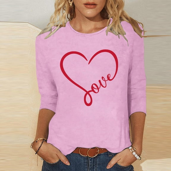 PiGOGI Ladies' Heart Printed Round Neck 3/4 Sleeve T-Shirt - Plus Size Valentine's Day Loose Top Pink S