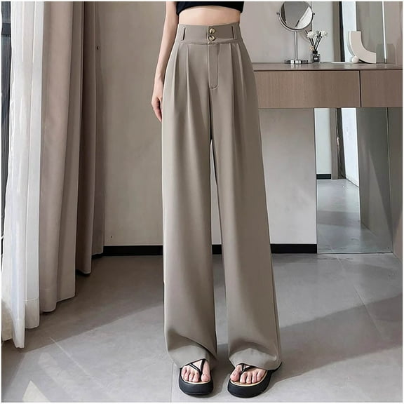 PiGOGI Ladies' High Waist Straight Leg Pants - Solid Color Versatile Ice Silk Wide Leg Trousers Khaki XXXL