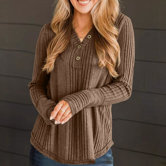 PiGOGI Ladies Lace Up V Neck Long Sleeve Top Casual Comfortable Blouse Tops for Women All Season Wear Brown L
