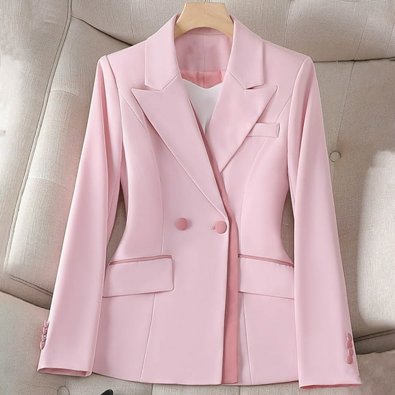 PiGOGI Ladies Long Sleeve Lapel Button Down Blazer Jacket for Work office Professional Attire Pink XL