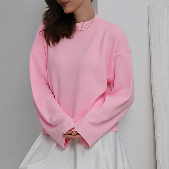 PiGOGI Ladies' Loose Casual Solid Color Round Neck Long Sleeve Knitted Sweater Top - Comfortable Fit Pink M
