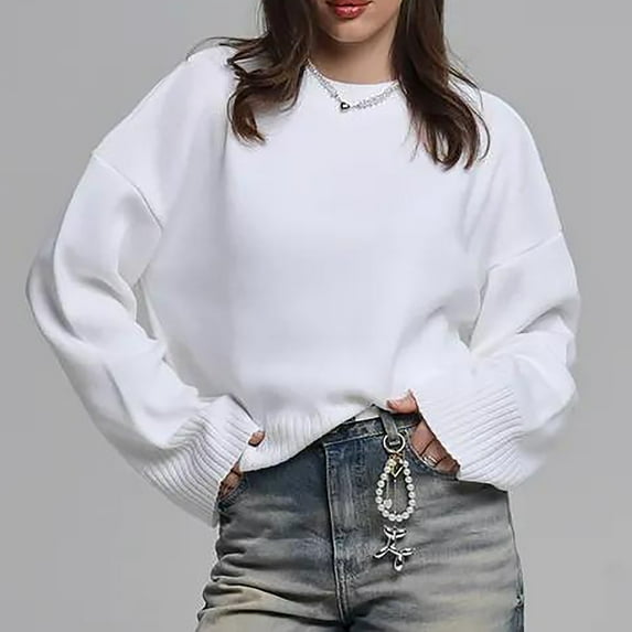 PiGOGI Ladies' Loose Casual Solid Color Round Neck Long Sleeve Knitted Sweater Top - Comfortable Fit White S