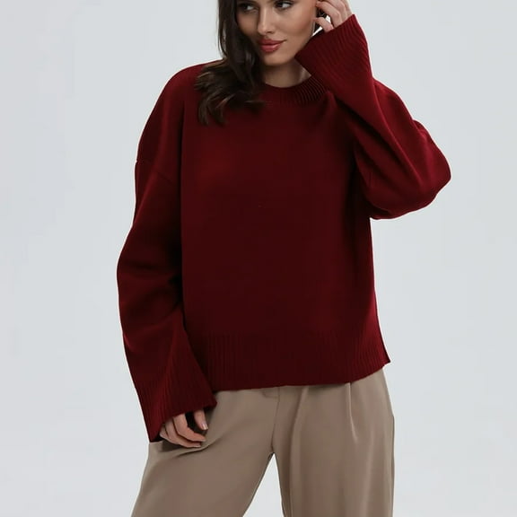 PiGOGI Ladies' Loose Casual Solid Color Round Neck Long Sleeve Knitted Sweater Top - Comfortable Fit Wine M