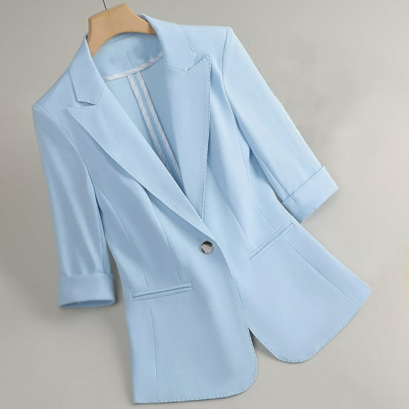 PiGOGI Ladies Three-Quarter Sleeve Lapel Pocket Blazer Jacket for Work office Professional Attire Blue 3XL