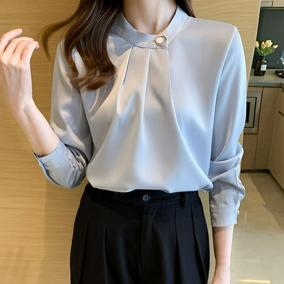 PiGOGI Ladies' Three Quarter Sleeve V-Neck Fashionable Top - Casual Pleated Blouse for Women Gray S