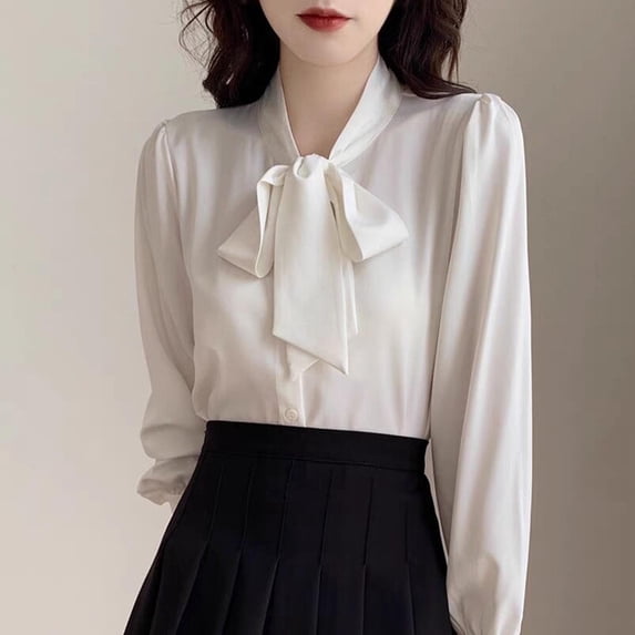 PiGOGI Ladies' Three Quarter Sleeve V-Neck Fashionable Top - Casual Pleated Blouse for Women White XL