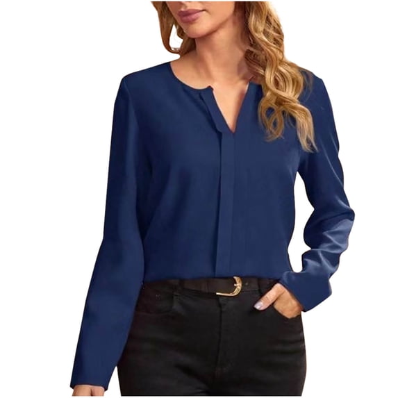 PiGOGI Large Shirts for Women Fashion Women's Casual Long Sleeve Solid Ladies V-Neck Tops Blouse Dark Blue
