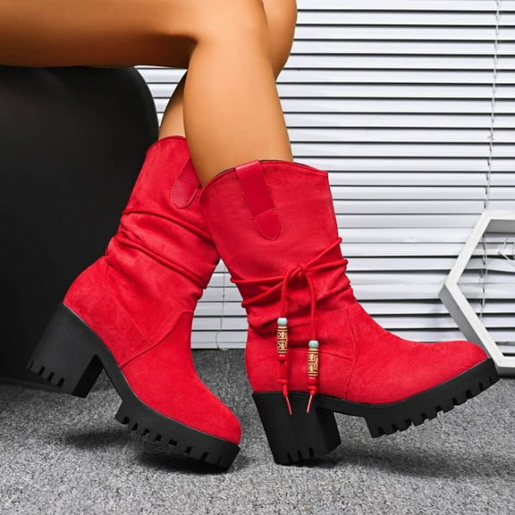 PiGOGI Lazy Style Boots for Women Suede Midsole Round Toe Maillard Pile Boots Casual Comfortable Fall Winter Fashion Red 42