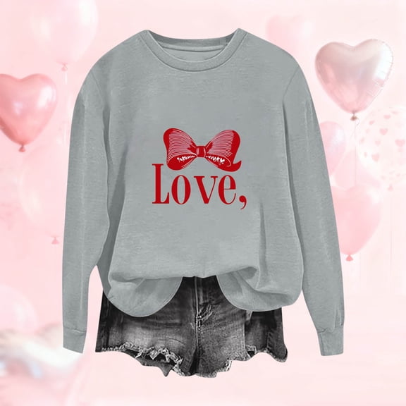 PiGOGI Long Sleeve Printed Loose T-Shirt for Women - Plus Size Casual Valentine's Day Top Gray XL