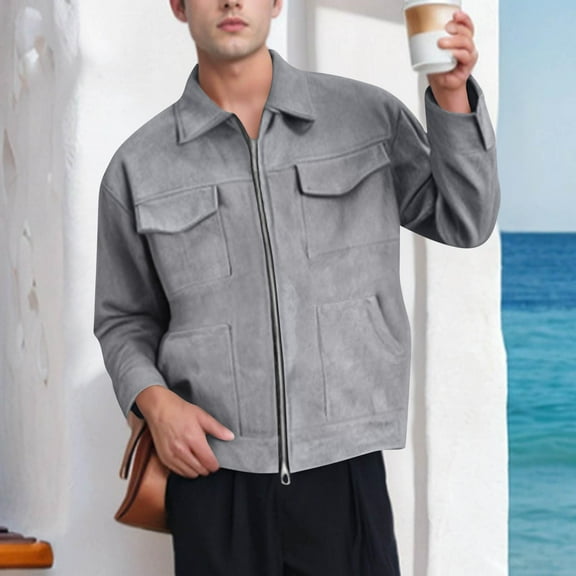 PiGOGI Men Casual Zipper Solid Long Sleeve Pockets Turn Down Collar Outwear Coat Gray S