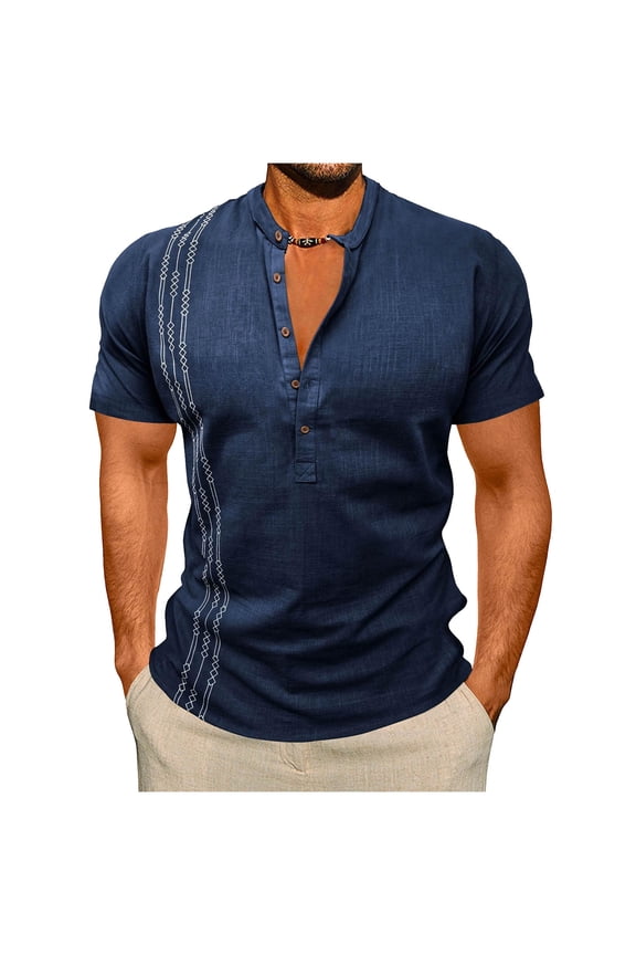 Men's Basic Solid T-Shirt, Short Sleeve Round Neck Button Casual Top, Breathable Comfortable Tee for Everyday Use Navy XL