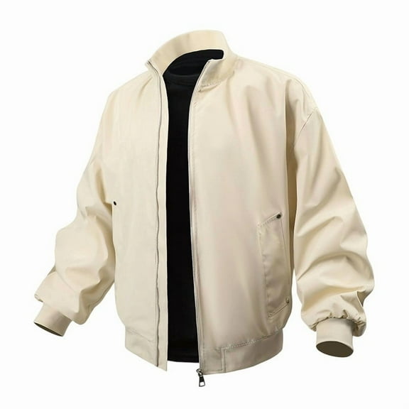 PiGOGI Men's Bomber Jackets Long Sleeve Stand Up Collar Lightweight Windbreaker Fall Casual Zip Up Coat with Pocket Beige XL