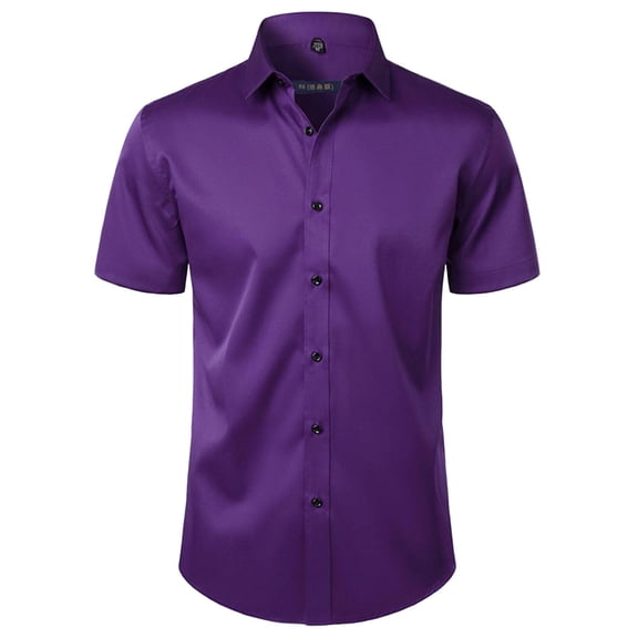 PiGOGI Men's Business Casual Short Sleeve Shirt Button Down Collar Beach Summer Top Purple 2XL