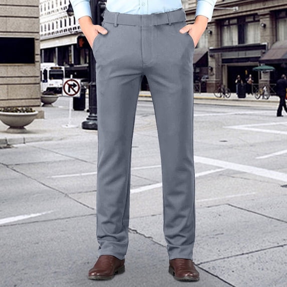 PiGOGI Men's Business Casual Suit Pants Solid Color Comfortable Stretch formal office Dress Work Elastic Waist Professional Gray 35