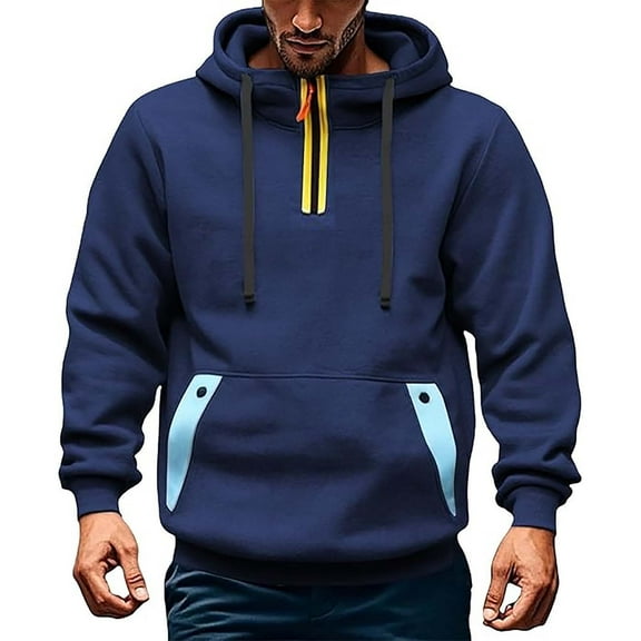 PiGOGI Men's Cargo Hoodie with Multiple Pockets Long Sleeve Casual Sports Sweatshirt Fitness Training Hooded Top Navy XL
