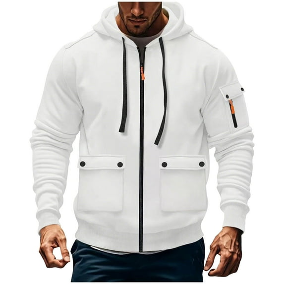 PiGOGI Men's Cargo Hoodie with Multiple Pockets Long Sleeve Casual Sports Sweatshirt Fitness Training Hooded Top White XL