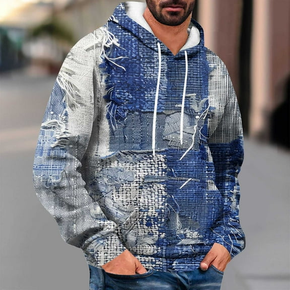PiGOGI Men's Casual Hooded T-Shirt with Drawstring Long Sleeve Printed Pullover Top Fashion Blouse for Daily Wear Navy XL
