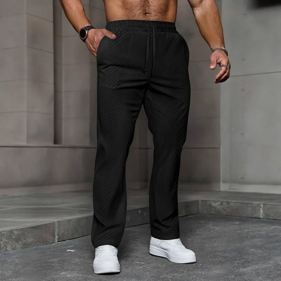 PiGOGI Men's Casual Joggers Pants Linen Fabric Elastic Waist Drawstring Comfortable Lounge Pants for Summer Beach Wear Black S