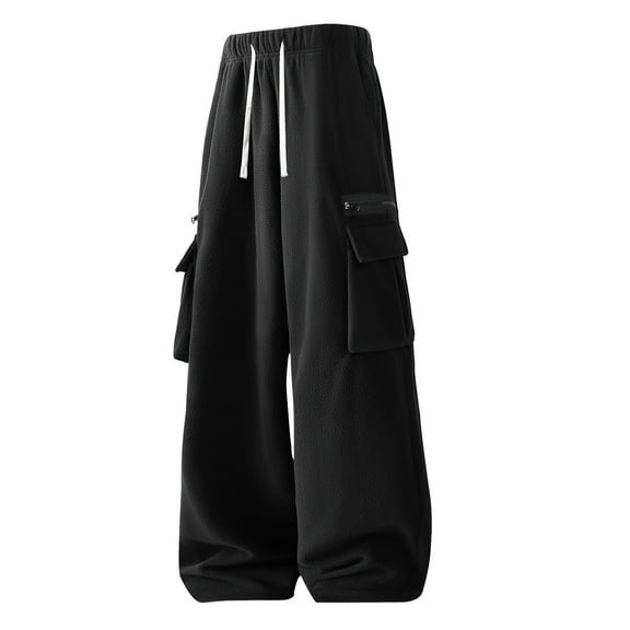 PiGOGI Men's Casual Joggers Pants Loose Warm Sweatpants Fleece Lined Thick Winter Pants Elastic Waist Comfort Lounge Pants Black 2XL