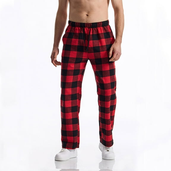 PiGOGI Men's Casual Plaid Elastic Waist Trousers - Straight Leg Long Pants with Comfortable Stretch Fabric for All Day Wear Red M