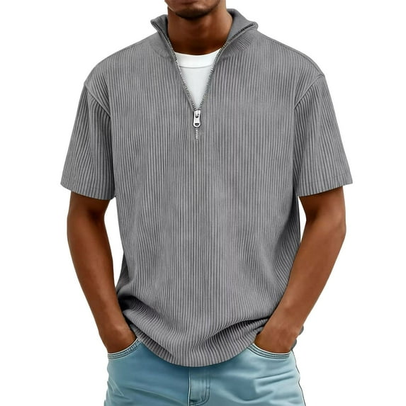 PiGOGI Men's Casual Quarter Zip Top Short Sleeve Lapel Pocket Beach Summer Shirt Gray L