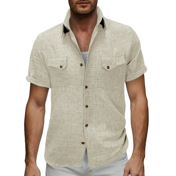 PiGOGI Men's Casual Short Sleeve Shirt Double Pocket Button Down Collar Beach Summer Top Beige S