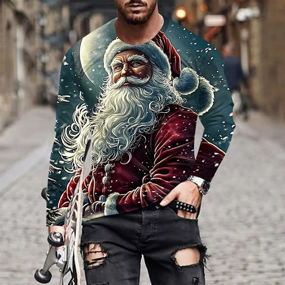 PiGOGI Men's Christmas Print Long Sleeve Shirt Casual Holiday themed Blouse Fashion Top Dark Blue XL