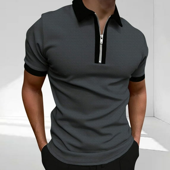 PiGOGI Men's Color Block Short Sleeve Half Zip Shirt - Sporty Casual Lapel Blouse for Summer Dark Gray