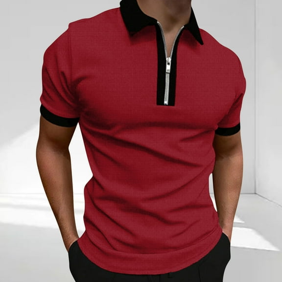 PiGOGI Men's Color Block Short Sleeve Half Zip Shirt - Sporty Casual Lapel Blouse for Summer Red