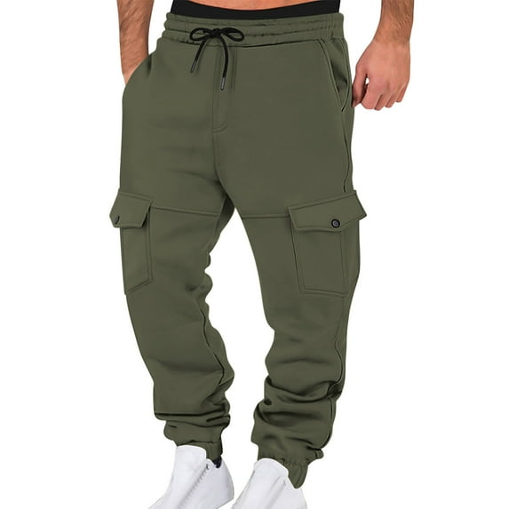 PiGOGI Men's Drawstring Jogger Pants Elastic Waist Casual Lounge Sweatpants Soft Polyester Athletic Pants for Running Gym Workout Comfortable Army Green 2XL