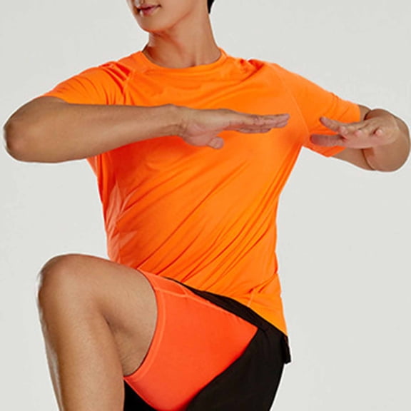 PiGOGI Men's Elastic Running Short Sleeve T-Shirt Round Neck Casual Beach Summer Top Orange S