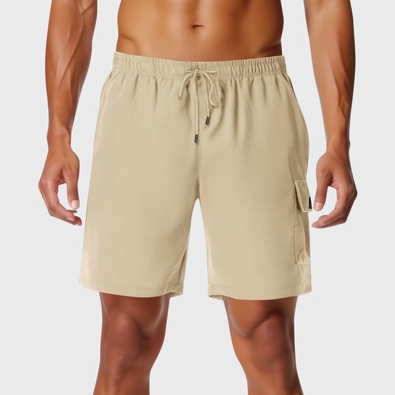 PiGOGI Men's Fashion Casual Shorts with Elastic Waist, Solid Color Lightweight Polyester Pants for Summer Outdoor Lounge Khaki XL