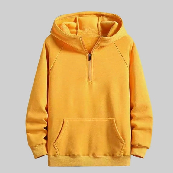 PiGOGI Men's Fashionable Hooded Sweatshirt Solid Color Long Sleeve Composite Velvet Shoulder Pocket Casual Blouse Yellow L